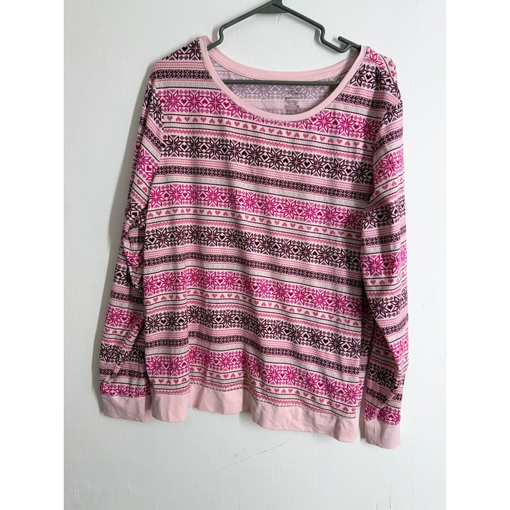 Secret Treasures Pink Fair Isle Snowflake Heart Pajama Top XL 16-18 Long Sleeve